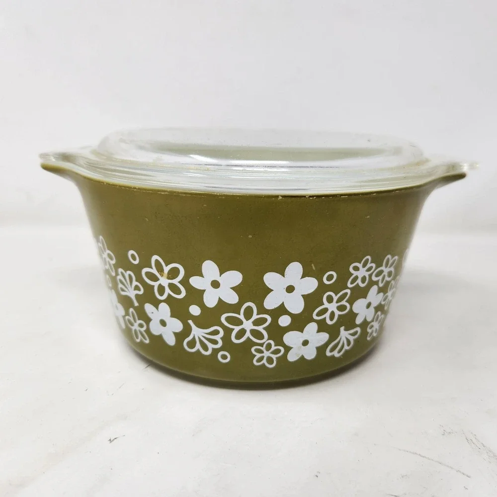 Vintage Pyrex 473-B Spring Blossom Green Crazy Daisy 1 Qt Casserole Dish Lid